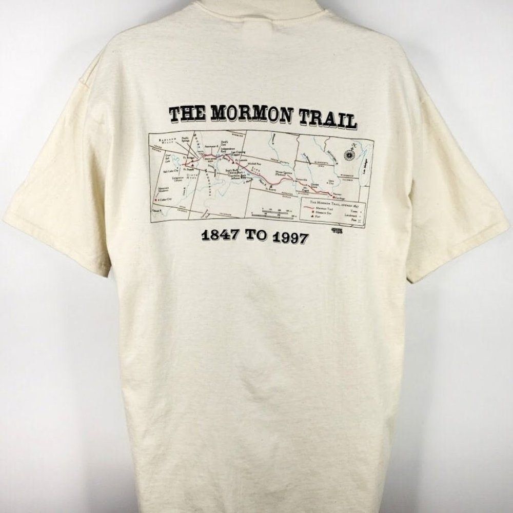 The Mormon Trail T Shirt Vintage 90s Faith In Every Footstep Pioneers Church XL